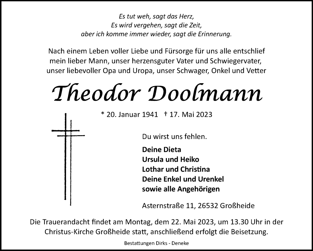  Traueranzeige für Theodor Doolmann vom 20.05.2023 aus 
