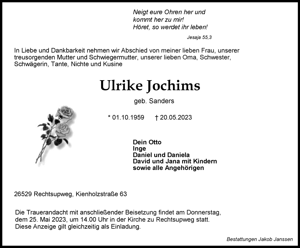  Traueranzeige für Ulrike Jochims vom 22.05.2023 aus 