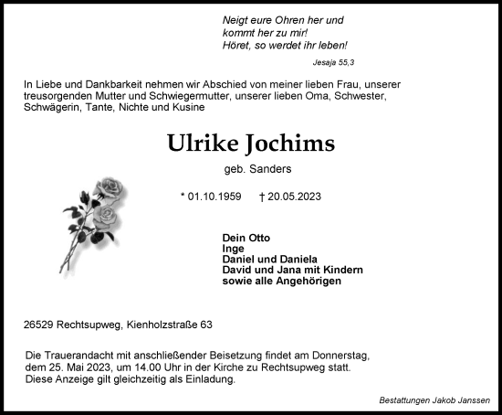 Traueranzeige von Ulrike Jochims 