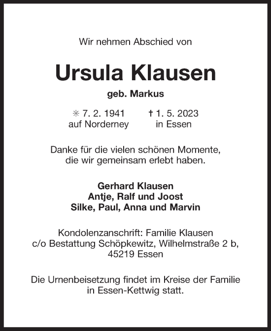 Traueranzeige von Ursula Klausen 