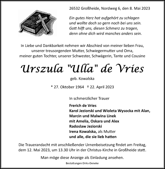 Traueranzeige von Urszula de Vries 