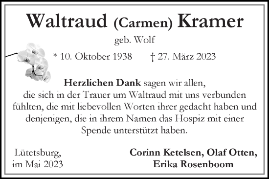 Traueranzeige von Waltraud Carmen Kramer 