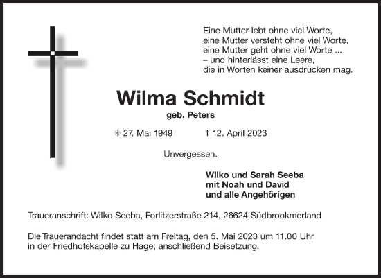 Traueranzeige von Wilma Schmidt 