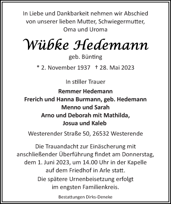 Traueranzeige von Wübke Hedemann 