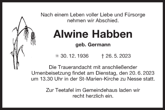Traueranzeige von Alwine Habben 