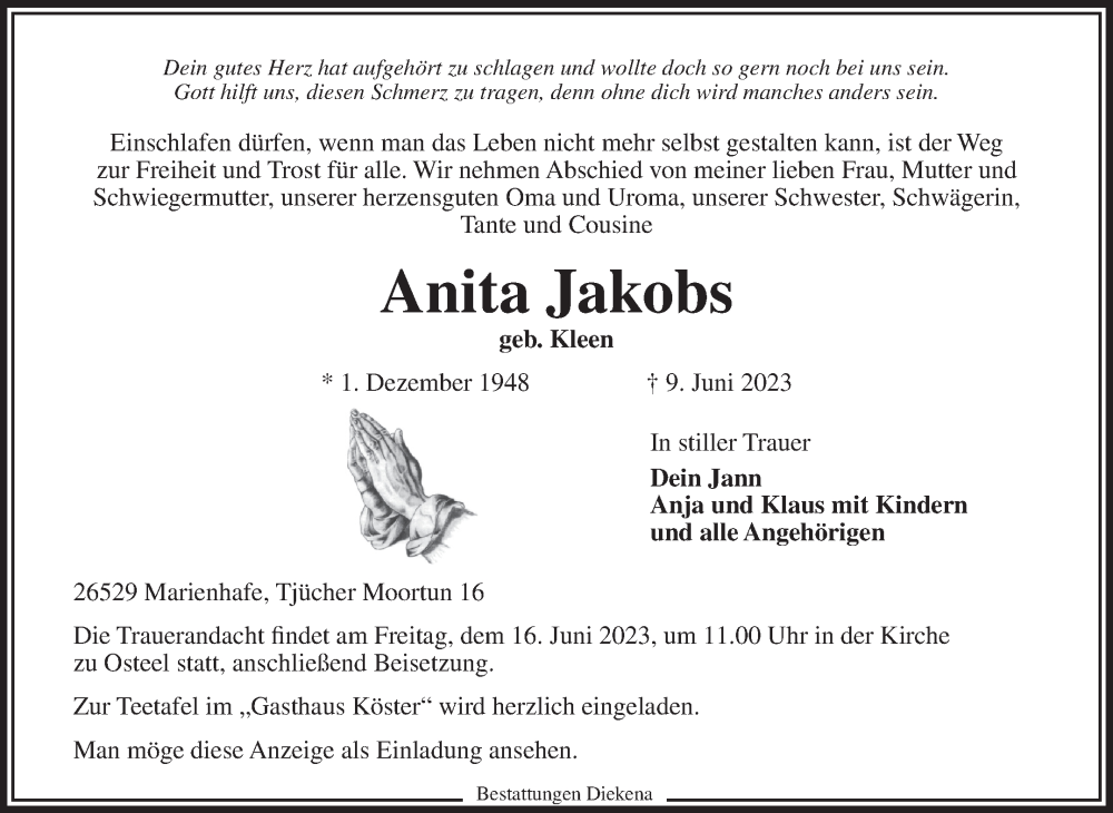  Traueranzeige für Anita Jakobs vom 13.06.2023 aus 