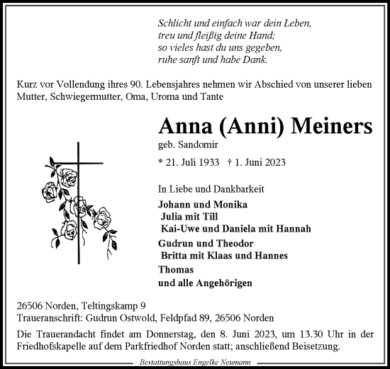 Traueranzeige von Anna  Meiners 