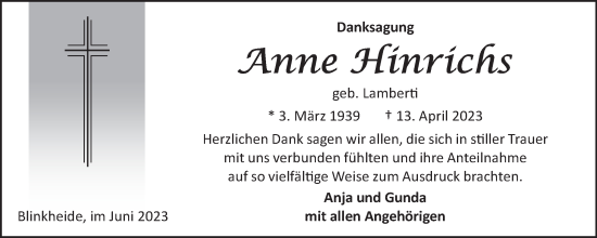 Traueranzeige von Anne Hinrichs 
