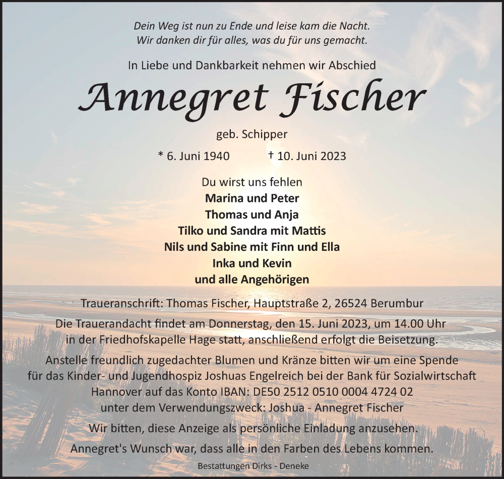  Traueranzeige für Annegret Fischer vom 13.06.2023 aus 
