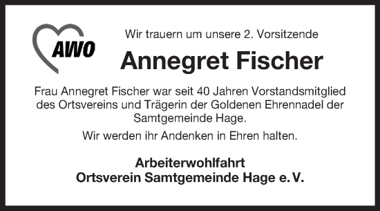 Traueranzeige von Annegret Fischer 