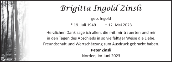 Traueranzeige von Brigitta Ingold Zinsli von Ostfriesischer Kurier