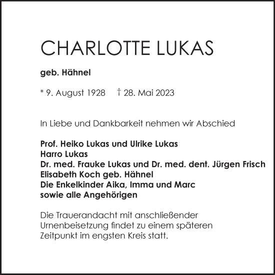 Traueranzeige von Charlotte Lukas 