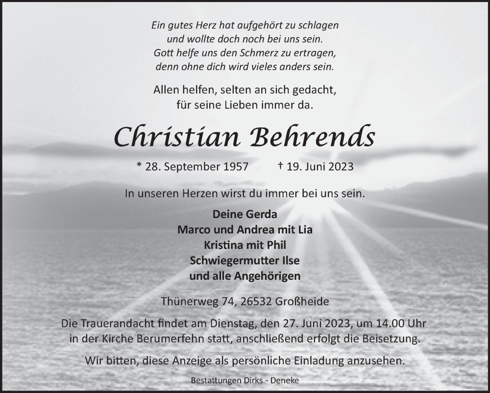  Traueranzeige für Christian Behrends vom 21.06.2023 aus Ostfriesischer Kurier