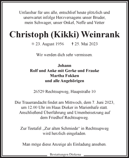 Traueranzeige von Christoph Weinrank 