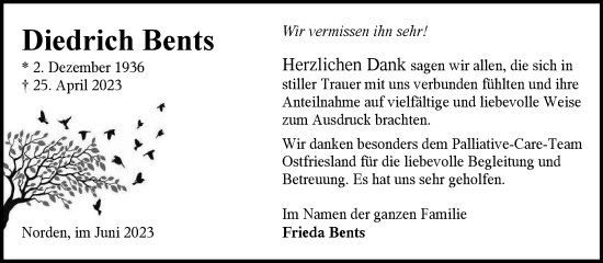 Traueranzeige von Diedrich Bents 