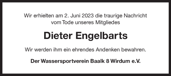 Traueranzeige von Dieter Engelbarts 