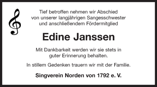 Traueranzeige von Edine Janssen 