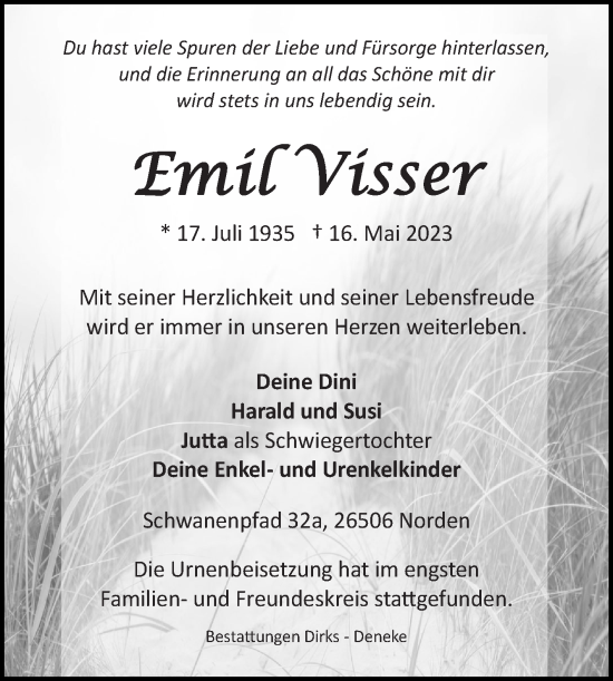 Traueranzeige von Emil Visser 