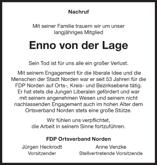 Traueranzeige von Enno von der Lage 