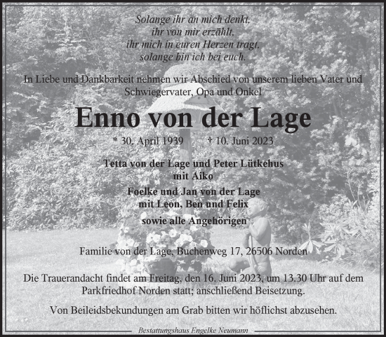 Traueranzeige von Enno von der Lage 