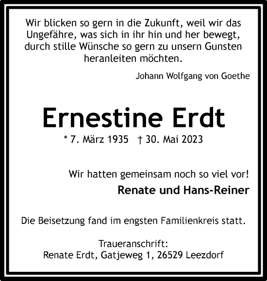 Traueranzeige von Ernestine Erdt 