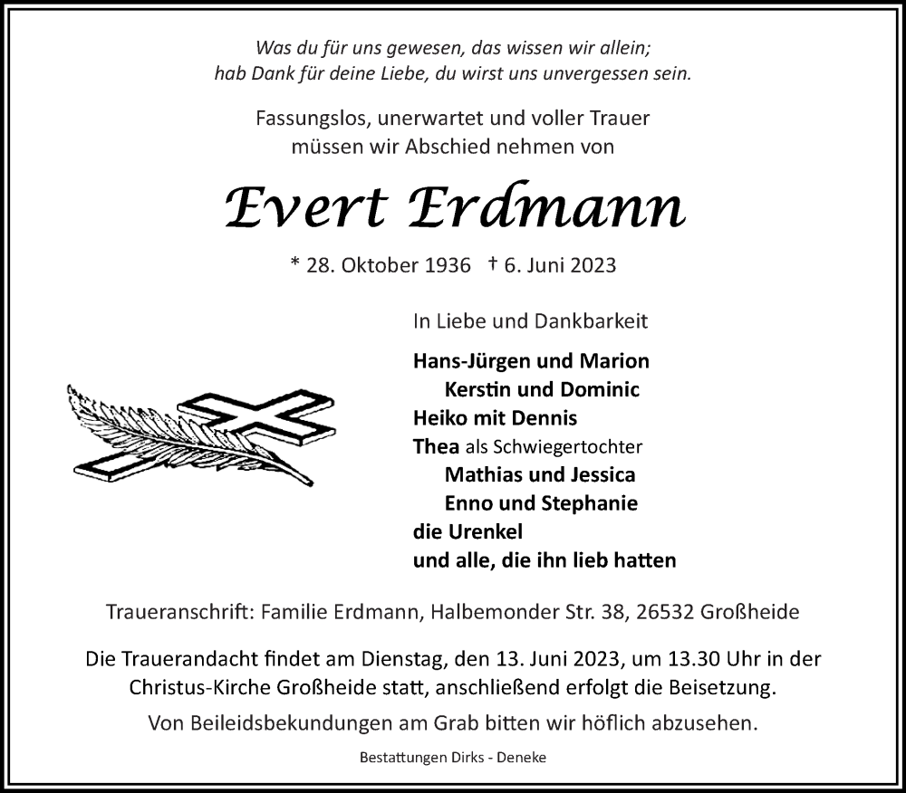  Traueranzeige für Evert Erdmann vom 09.06.2023 aus 