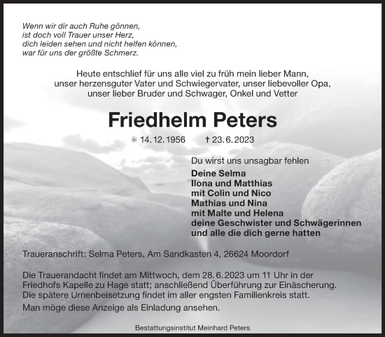 Traueranzeige von Friedhelm Peters von Ostfriesischer Kurier