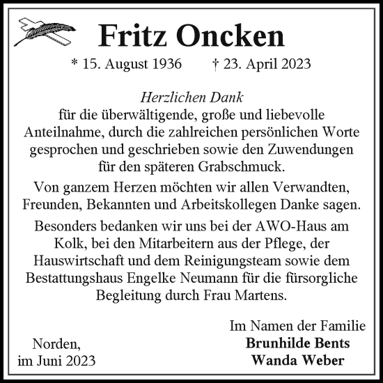 Traueranzeige von Fritz Oncken 
