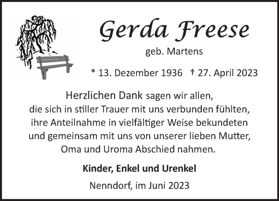 Traueranzeige von Gerda Freese 