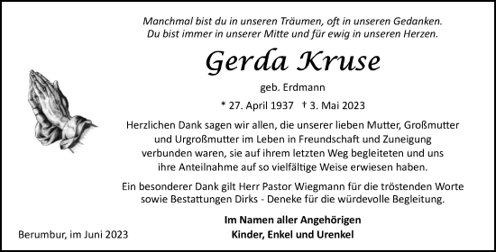Traueranzeige von Gerda Kruse 