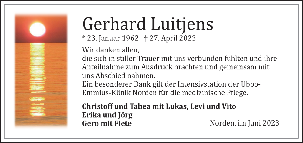  Traueranzeige für Gerhard Luitjens vom 17.06.2023 aus 