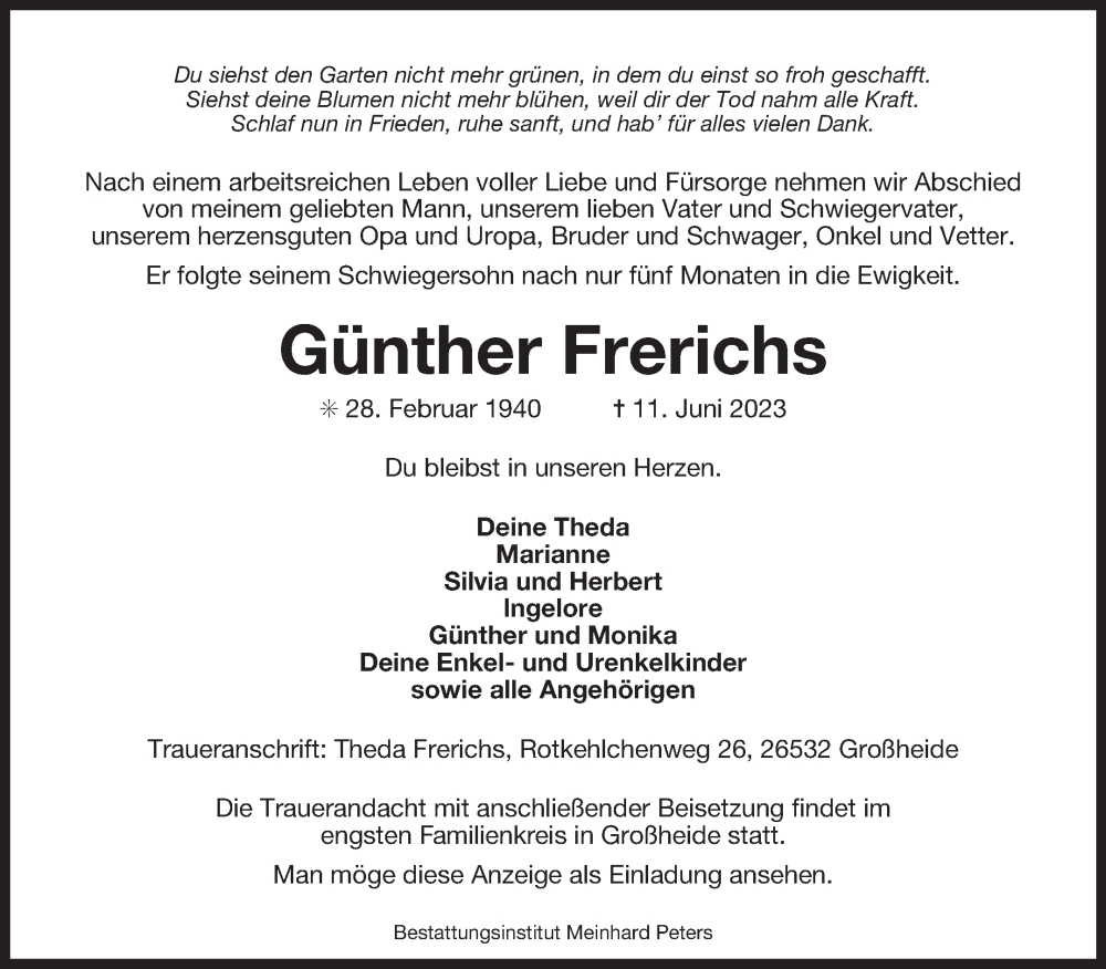  Traueranzeige für Günther Frerichs vom 17.06.2023 aus 