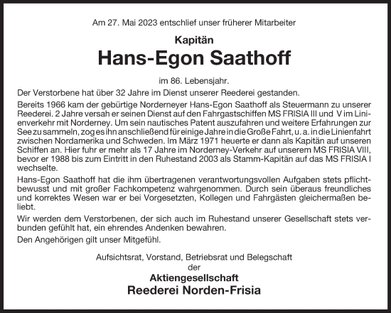 Traueranzeige von Hans-Egon Saathoff 