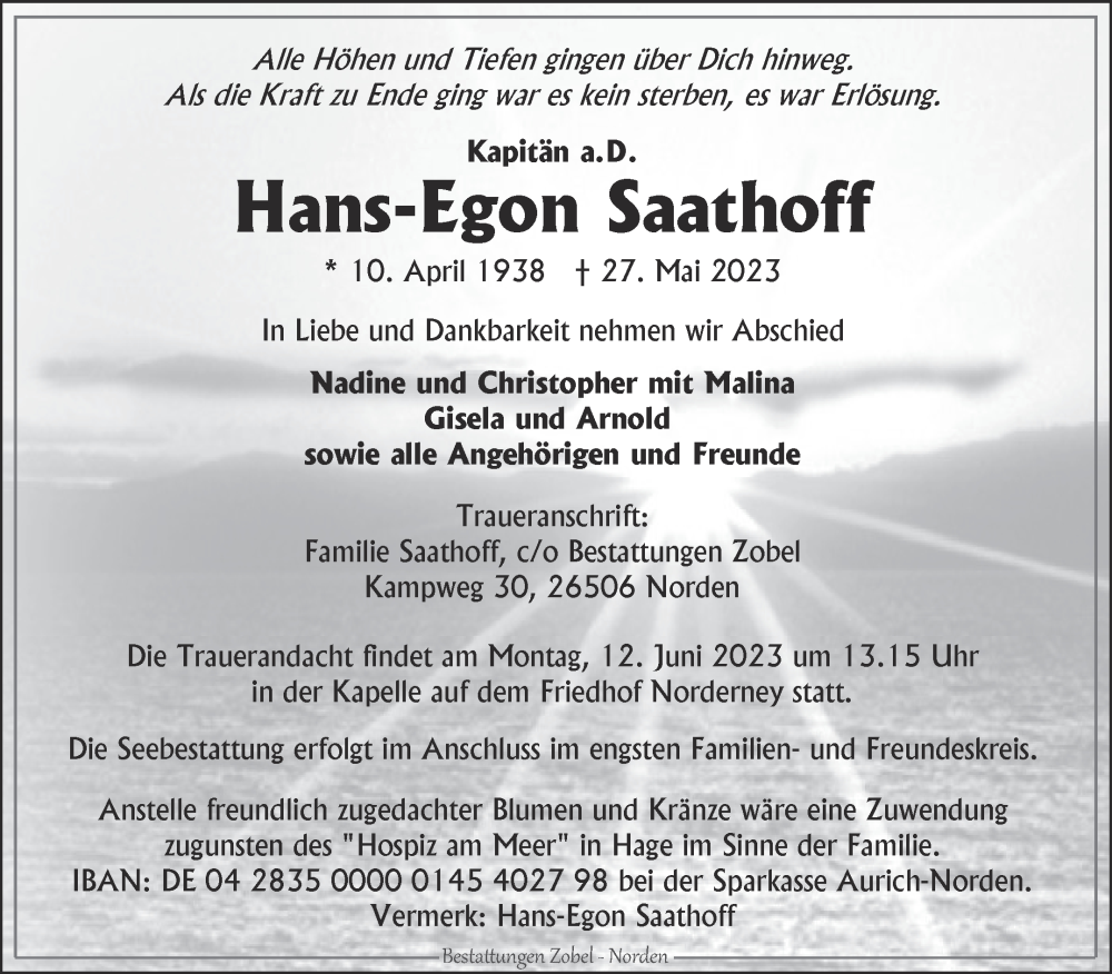  Traueranzeige für Hans-Egon Saathoff vom 03.06.2023 aus 