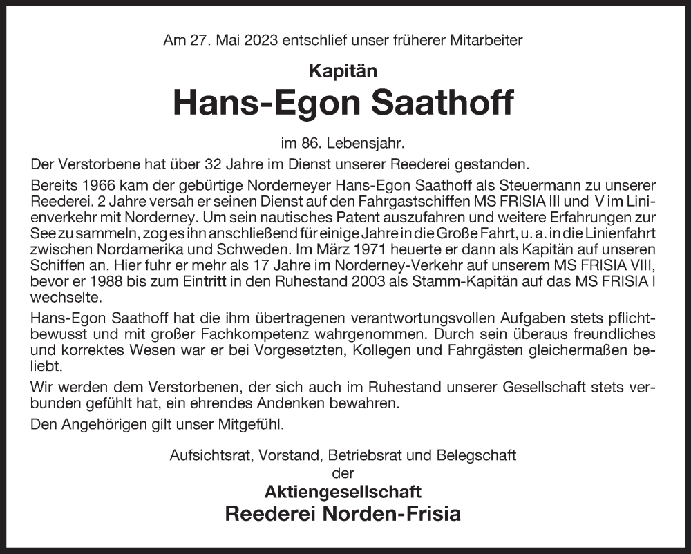  Traueranzeige für Hans-Egon Saathoff vom 03.06.2023 aus 