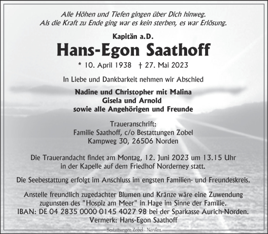 Traueranzeige von Hans-Egon Saathoff 