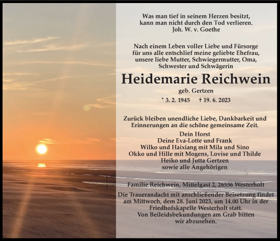 Traueranzeige von Heidemarie Reichwein von Ostfriesischer Kurier