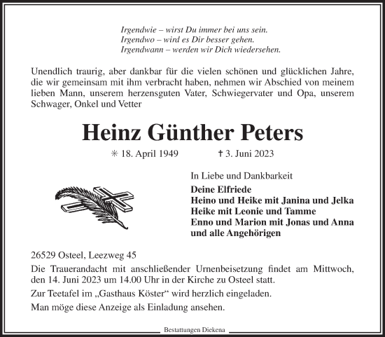 Traueranzeige von Heinz Günther Peters 