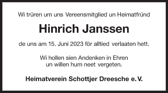 Traueranzeige von Hinrich Janssen von Ostfriesischer Kurier