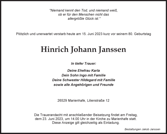 Traueranzeige von Hinrich Johann Janssen von Ostfriesischer Kurier
