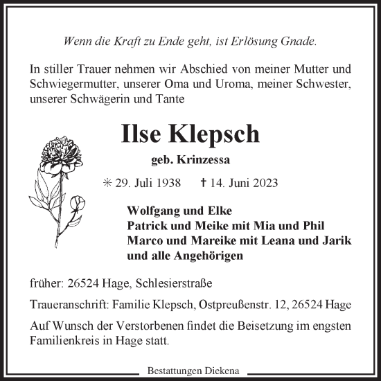 Traueranzeige von Ilse Klepsch 