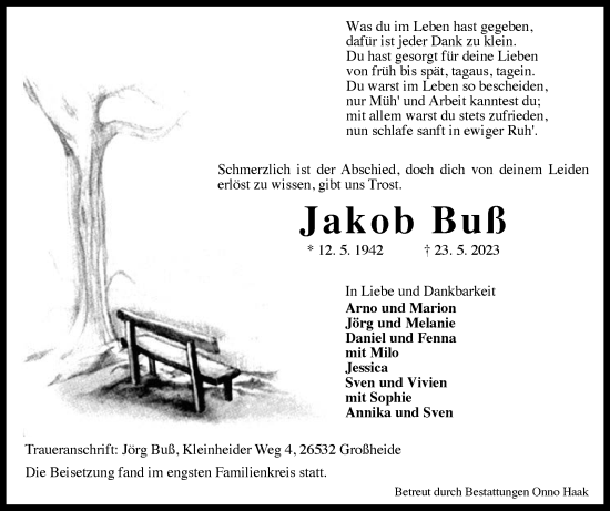 Traueranzeige von Jakob Buß 