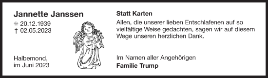 Traueranzeige von Jannette Janssen 
