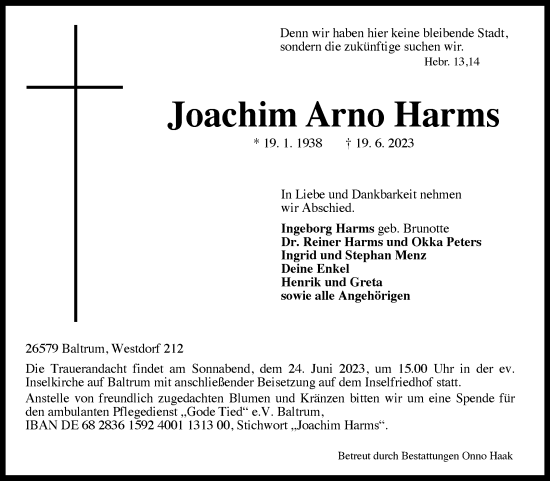 Traueranzeige von Joachim Arno Harms von Ostfriesischer Kurier