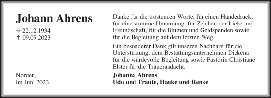 Traueranzeige von Johann Ahrens von Ostfriesischer Kurier