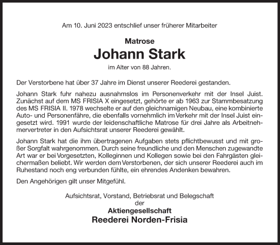 Traueranzeige von Johann Stark 