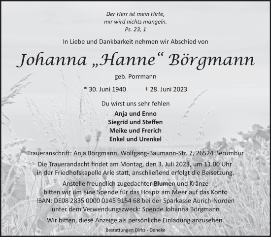 Traueranzeige von Johanna Börgmann von Ostfriesischer Kurier