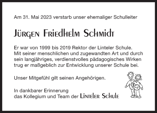 Traueranzeige von Jürgen Friedhelm Schmidt 