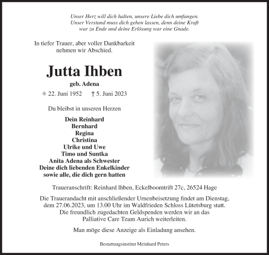 Traueranzeige von Jutta Ihben von Ostfriesischer Kurier
