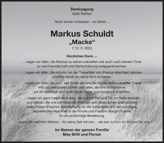 Traueranzeige von Markus Schuldt von Ostfriesischer Kurier